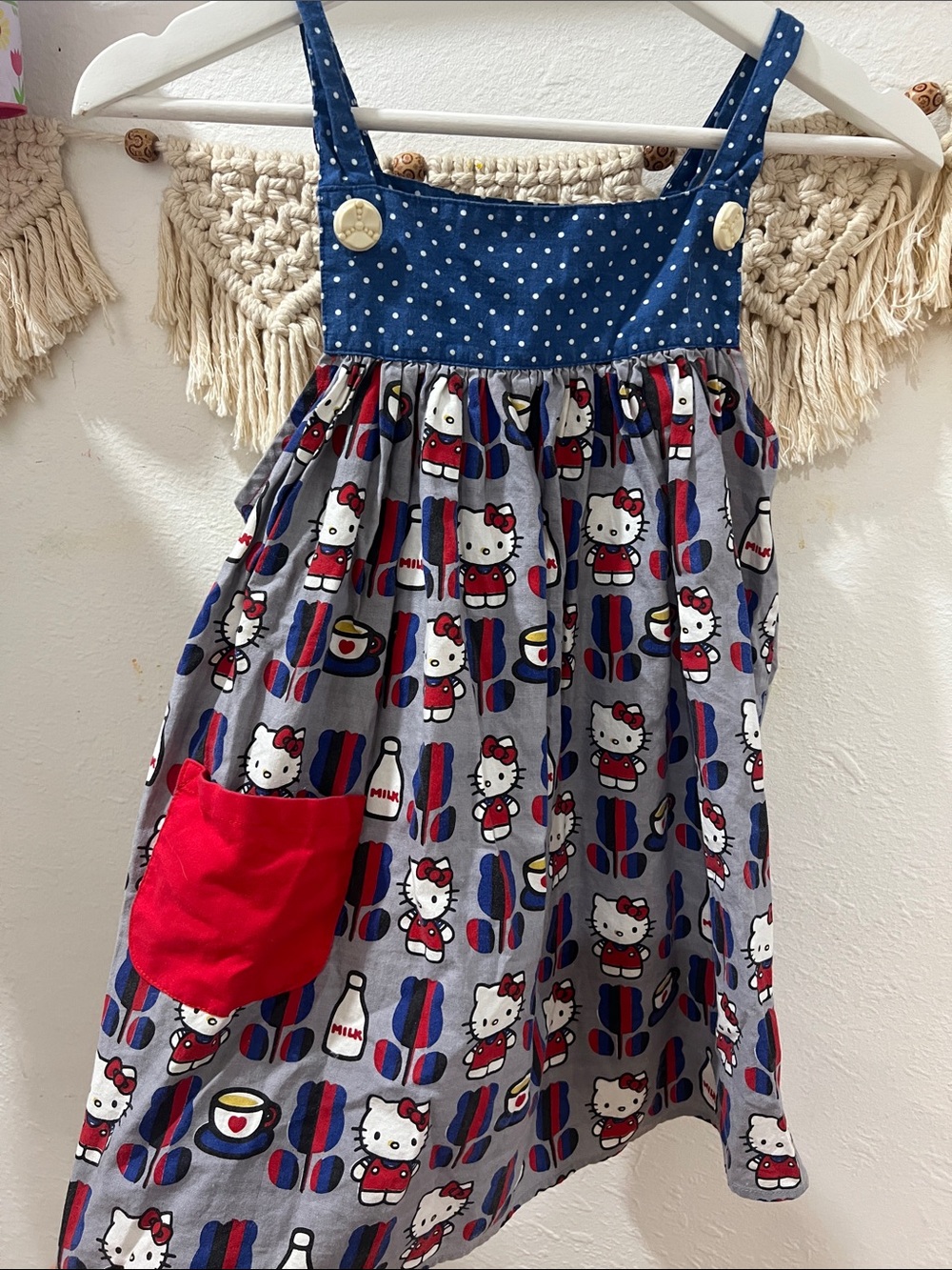 Hello Kitty Navy Polka Dot & Grey Character Print Sundress with Red Pocket